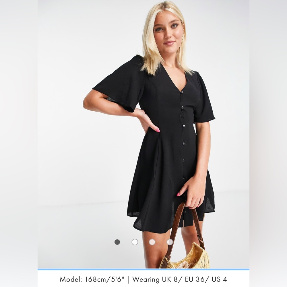 ASOS DESIGN button through tie back mini tea dress with angel sleeve in black